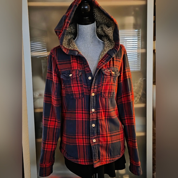 HOLLISTER UNISEX Muscle Fit Faux Fur Flannel Sherpa Check Hoodie Jacket Red Navy